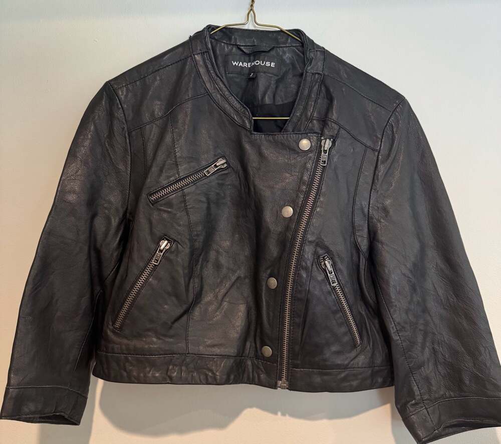 Warehouse Women's Black Leather Biker Moto Jacket with Ribbed Hem